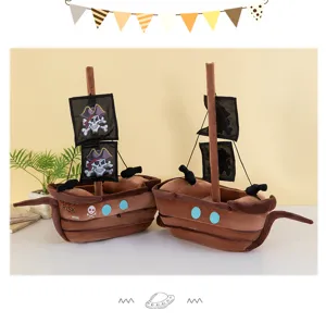 Detailed view of creative pirate ship plush toy with skull flag and soft brown fabric hull.