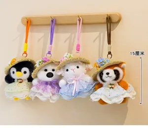 Cute plush animal keychain set with straw hats and dresses, soft toy backpack pendant.