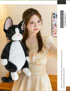 Cute black and white cat plush toy, soft stuffed animal companion doll for kids and gifts.