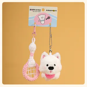 Cute crochet badminton and fluffy white dog plush keychain set, sweet bag pendant companion.