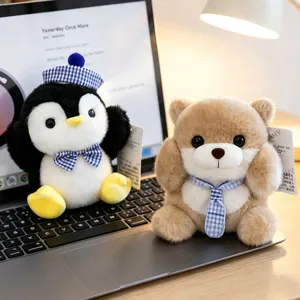 Cute plush toy desktop companion doll set, featuring a penguin and a bear with plaid outfits.