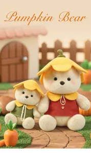 Cute flower bear plush toy set, miniature garden background detail, soft stuffed animal dolls.