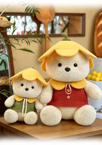 Charming detail view of cute plush flower bears in a cozy scene, soft and fluffy toy set.