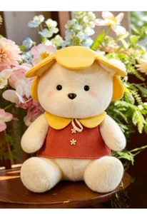 Cute flower hat teddy bear plush toy detail shot, soft plush material, perfect romantic gift.