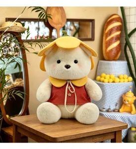 Cute flower hat teddy bear plush toy detail shot, soft and cuddly gift for girls.