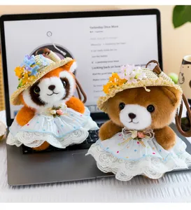 Cute plush animal dolls wearing straw hats and lace dresses, perfect desktop companion decor.