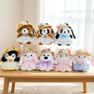 Cute plush animal keychain bag pendant with straw hat and lace dress cute doll toy gift