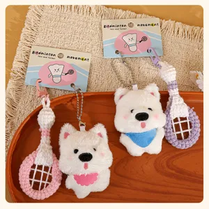 Cute badminton West Highland dog plush keychain pair, soft matching plush toy pendant.