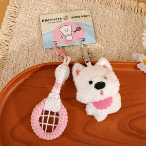 Adorable badminton racket and fluffy white dog plush keychain pendant for bag decoration