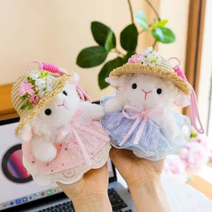 Cute plush sheep keychain with straw hat and dress, soft toy bag pendant accessory.