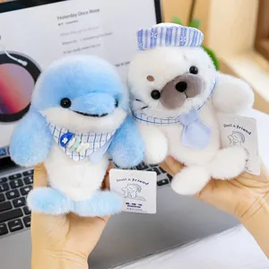 Cute plush dolphin and seal stuffed toys with sailor hat, soft desktop companion doll.