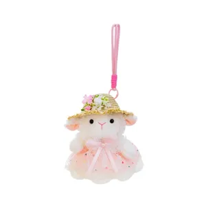 Cute plush sheep keychain bag pendant with straw hat and pink dress soft toy main view