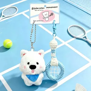 Cute sports dog plush keychain with badminton racket pendant, perfect bag accessory and gift.
