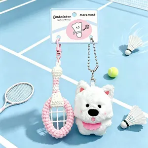 Cute plush puppy and crochet badminton racket keychain set, stylish bag charm and gift.