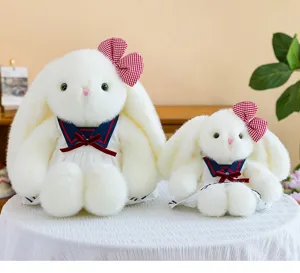 Cute lop-eared rabbit plush toy with sailor dress and bow, soft doll gift for kids pillows.