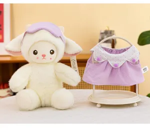 Cute plush lamb doll stuffed toy with purple eye mask and dress for kids birthday gift.