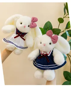 Cute long-ear rabbit plush toy with stylish sailor dress and red plaid bow, soft doll.