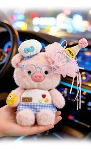 Mignonne poupée en peluche rose avec lunettes et chapeau de fête, cadeau doux pour filles.