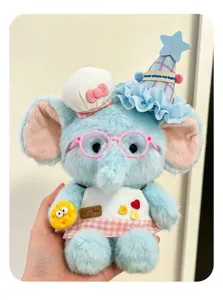Mignon éléphant en peluche bleu avec chapeau de fête lunettes et tablier jouet doux cadeau