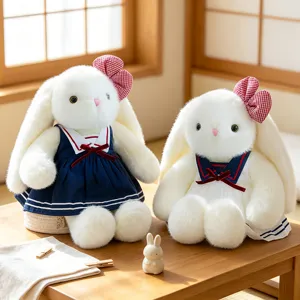 Cute floppy-eared rabbit plush toy set in sailor dress, soft stuffed animal doll gift.