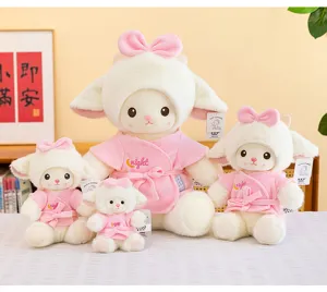 Cute fluffy plush lamb toy doll stuffed animal in pink robe great companion gift for kids