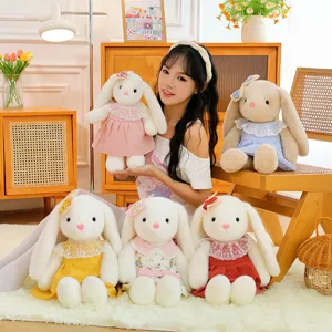 Lindo conejo de peluche con orejas largas y vestido de encaje, muñeca suave regalo.