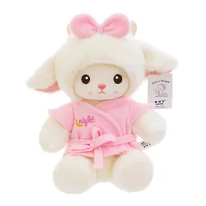 Cute plush sheep doll in pink bathrobe, soft stuffed animal toy for kids and girls birthday gift.