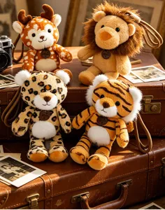 Cute forest animal plush keychain set including deer, lion, leopard, and tiger designs.