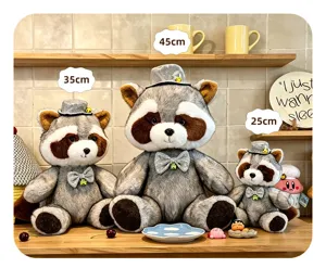 Detail view of cute gentleman raccoon plush toys in three sizes with cozy background setup.