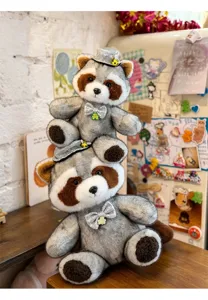 Cute gentleman raccoon plush toy stacked doll with silver hat and bow for kids birthday gift
