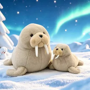 Cute stuffed walrus plush toy detail, soft brown fabric and white tusks, cozy winter bedroom decor.
