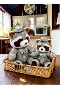 Cute gentleman raccoon plush toy doll set with silver sequined hat and bow tie for kids gift.