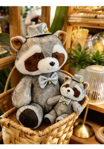 Cute gentleman raccoon plush toy doll set, soft stuffed animal for kids gift.