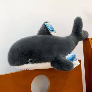 Large simulation shark plush toy detailed view, soft stuffed marine animal doll for kids and gifts.