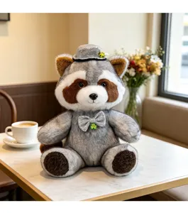 Detailed closeup of a cute plush raccoon toy wearing a stylish silver hat and bow tie for kids gift.