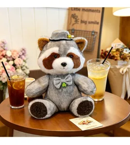 Cute gentleman raccoon plush toy with mini hat and bow tie, soft stuffed animal gift for kids.