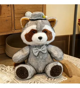 Cute gentleman raccoon plush toy doll with silver hat and bow tie, perfect for kids birthday gift.