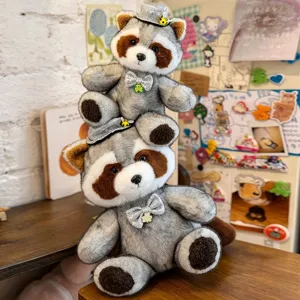 Cute gentleman raccoon plush toy, soft stuffed animal doll with hat and bowtie for kids.