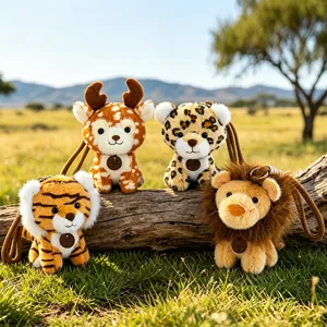 Detailed view of cute forest animal plush pendant keychains, tiger, deer, leopard and lion.