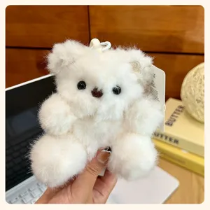 Cute white plush teddy bear keychain, soft fluffy toy pendant for bags and car keys.