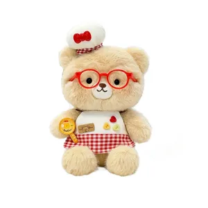 Adorable peluche d'ours en peluche avec toque de chef et lunettes rouges pour enfants.