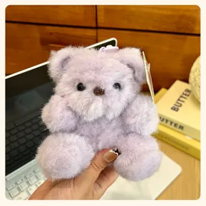 Fluffy purple teddy bear plush toy pendant, cute mini stuffed animal keychain for bags.