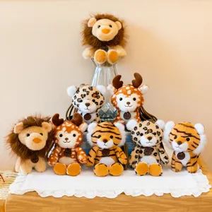 Cute forest animal plush pendant set featuring lions, tigers, leopards, and deer for bag decor.