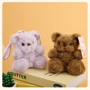 Fluffy plush teddy bear keychain and bag pendant, cute stuffed animal plush toy for backpack decor.