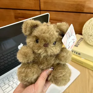 Fluffy brown teddy bear plush keychain soft toy bag pendant cute animal doll accessory 1pc