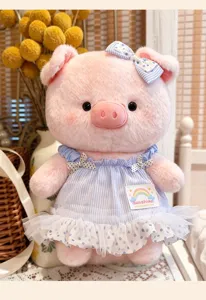 Cute pink plush pig stuffed animal toy wearing cute blue striped dress for kids birthday gift.