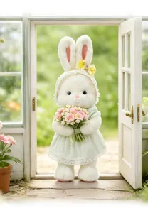 Bezaubernder Plüschhase im grünen Kleid mit Blumen, süßes Spielzeug für Kinder