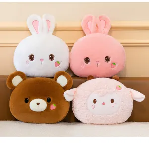 Cute cartoon animal plush pillow detail view, soft rabbit and bear design for room decor.
