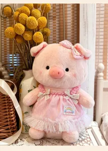 Cute pink pig plush toy wearing a sweet striped dress and bow, perfect birthday gift for kids.