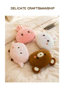 Cute cartoon animal plush pillow detail, soft bunny and bear cushions for bedroom or office nap.
